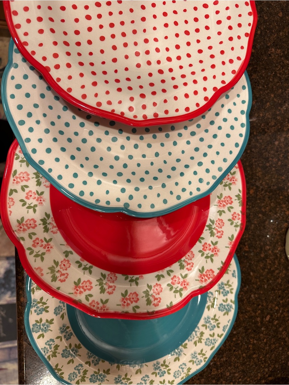 Pioneer Woman Polka Dot & Floral dinner plates- Red & Blue set of 4